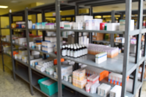 Pharmaceutical storage shelving Pharmaceuticals stored on shelves